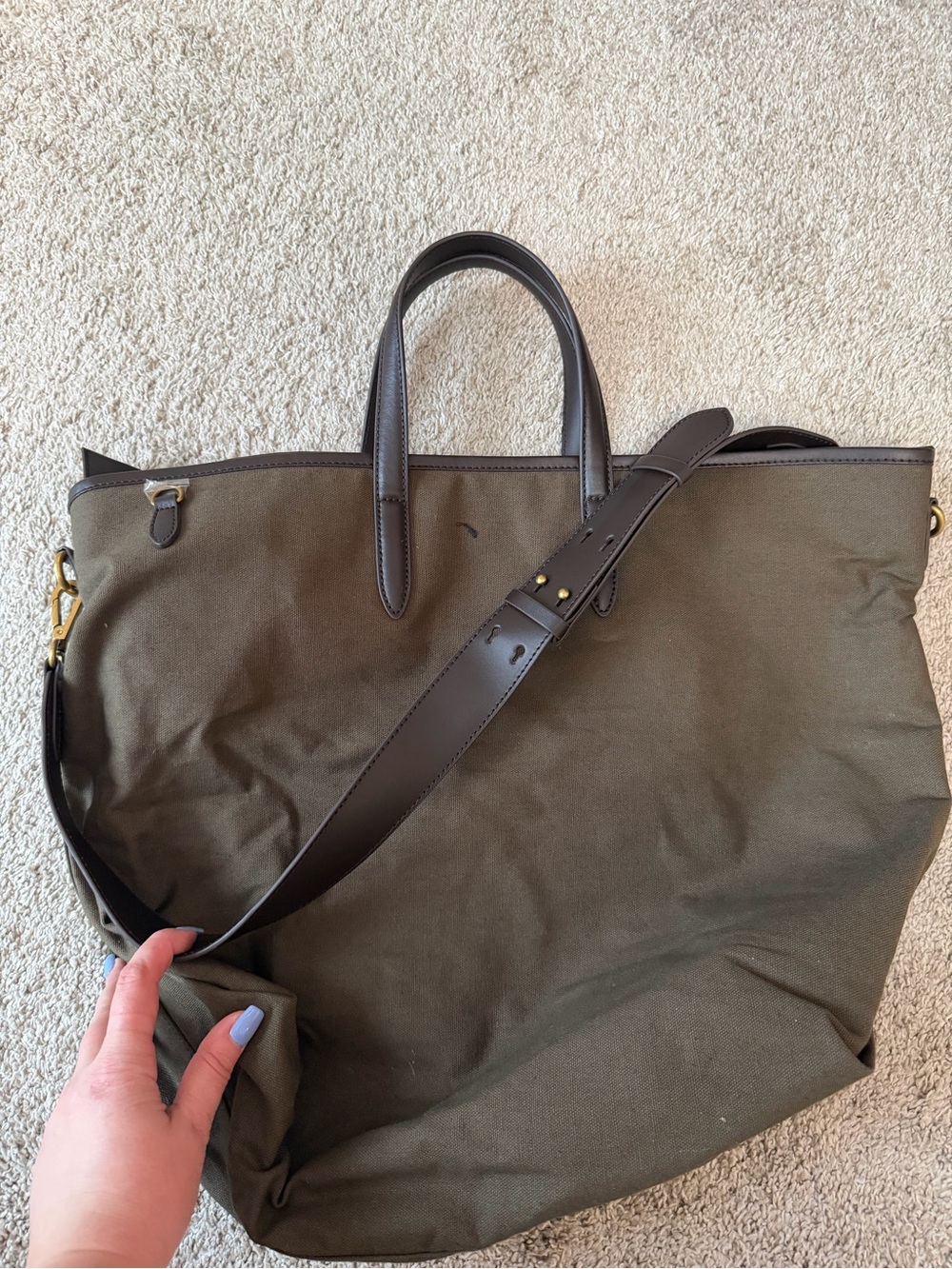 Banana Republic Olive Green Canvas Duffel with Dark Brown Leather Trim